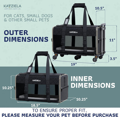 Pet Carrier Airline Approved - Dog Carrier with Wheels - TSA Airline Approved Dog Carrier - Rolling Pet Carrier with Wheels for Small to Medium Size Cat or Dog - Airplane Cabin Animal Friendly Luggage