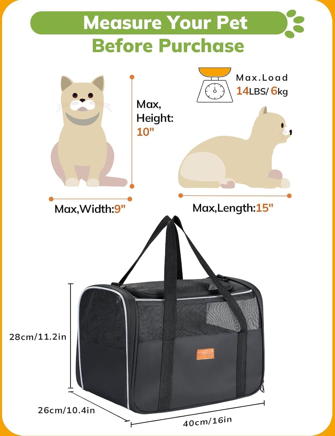 Cat Carrier Soft - Portable Pet Carrier for Small or Medium Cats, Dogs and Puppy up to 14Lbs, Airline Approved Dog Carrier with Safety Buckle - (Dark Gray)