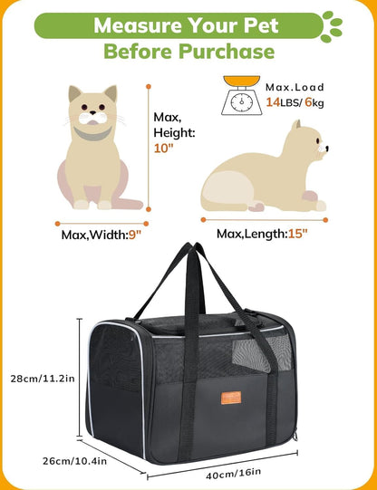 Cat Carrier Soft - Portable Pet Carrier for Small or Medium Cats, Dogs and Puppy up to 14Lbs, Airline Approved Dog Carrier with Safety Buckle - (Dark Gray)