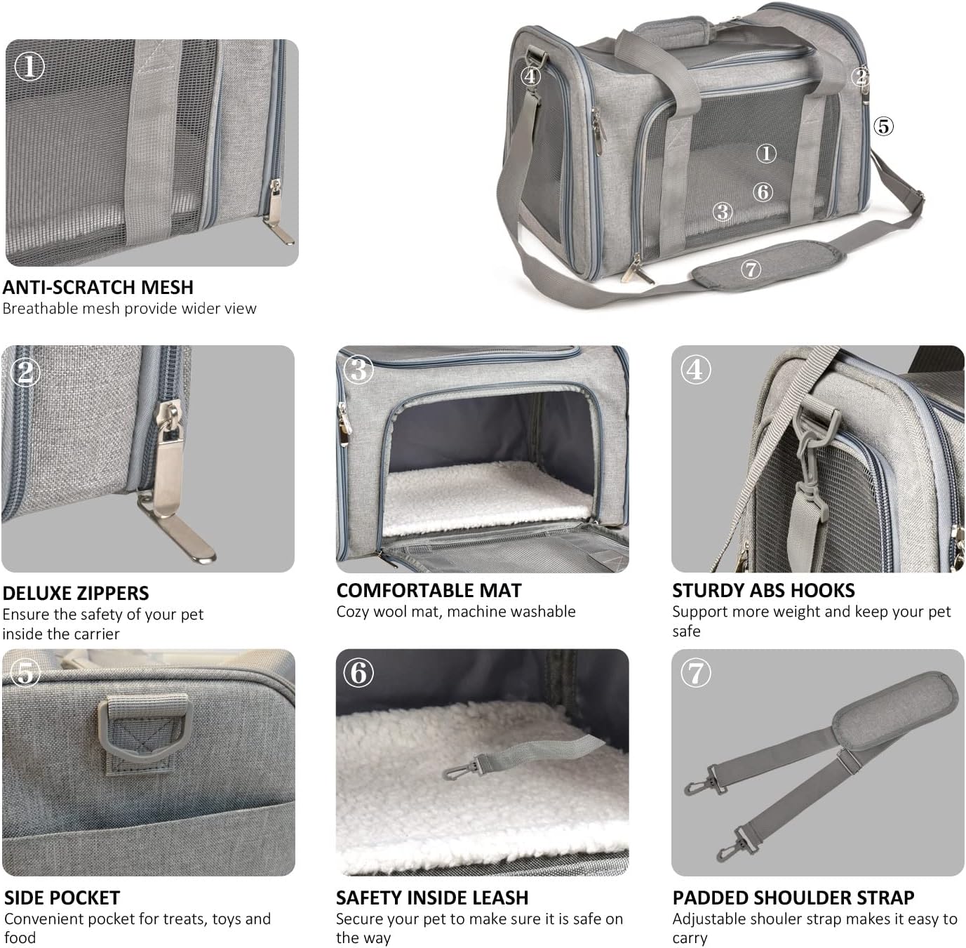 Cat Carriers Dog Carrier Pet Carrier for Small Medium Cats Dogs Puppies up to 15 Lbs, TSA Airline Approved Small Dog Carrier Soft Sided, Collapsible Waterproof Travel Puppy Carrier - Grey