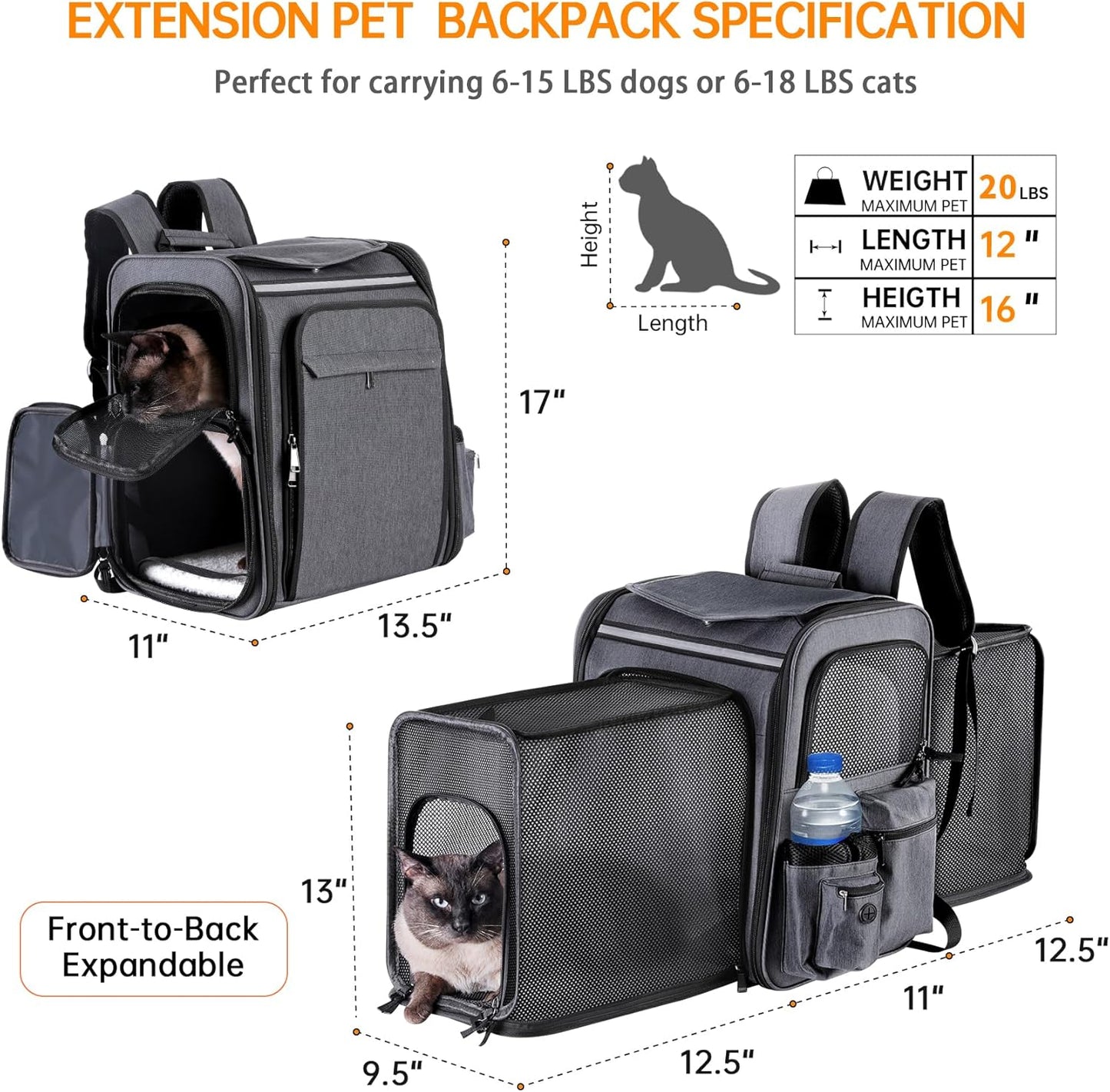 Double Side Expandable Cat or Dog Carrier for Medium Cats and Small Dogs and Puppies up to 20 Lbs,(Grey)