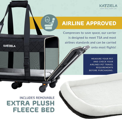 Pet Carrier Airline Approved - Dog Carrier with Wheels - TSA Airline Approved Dog Carrier - Rolling Pet Carrier with Wheels for Small to Medium Size Cat or Dog - Airplane Cabin Animal Friendly Luggage